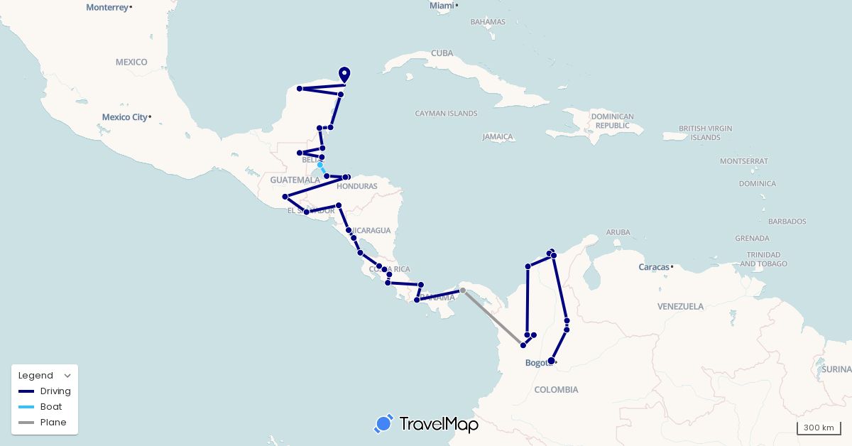 TravelMap itinerary: driving, plane, boat in Belize, Colombia, Costa Rica, Guatemala, Honduras, Mexico, Nicaragua, Panama, El Salvador (North America, South America)